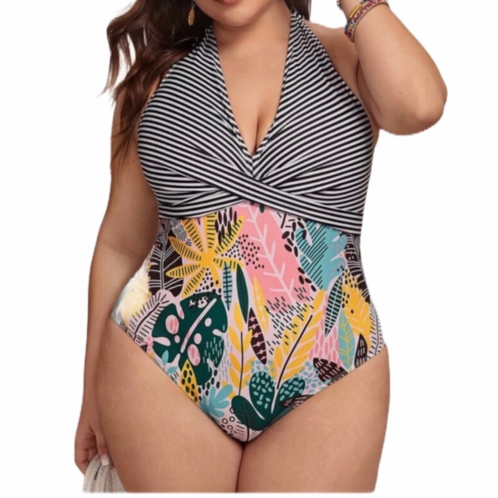 Boho PLUS tropical striped halter one piece suit - Picture 4 of 4